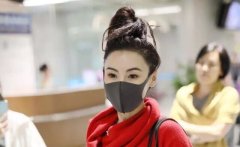 张柏芝低调走机场丸子头配红衣口罩也遮不住美